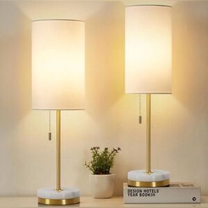 Desk Table Lamp Set of 2  Small Gold Table Lamps with Marble Base, Fabric S